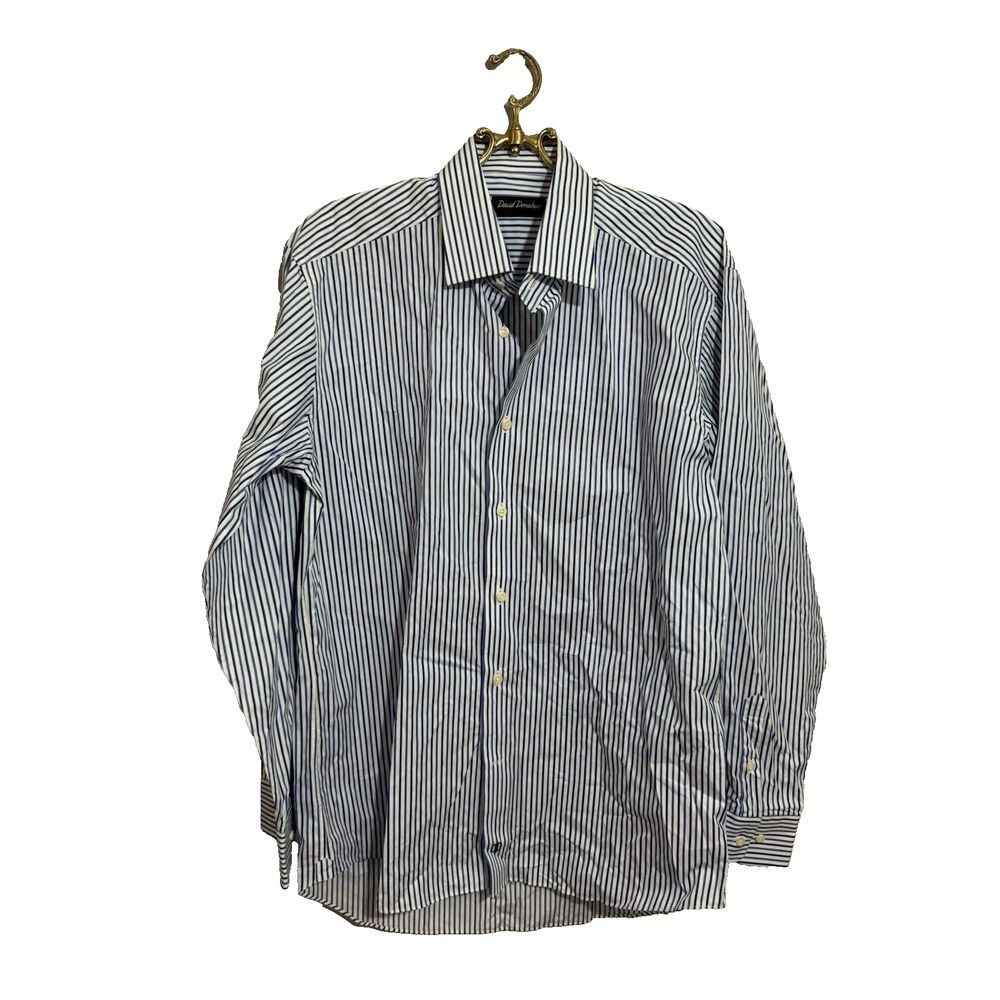 David Donahue Shirt Adult 16 34/35 White Blue Stripe‎ Trim Fit Long Sleeve